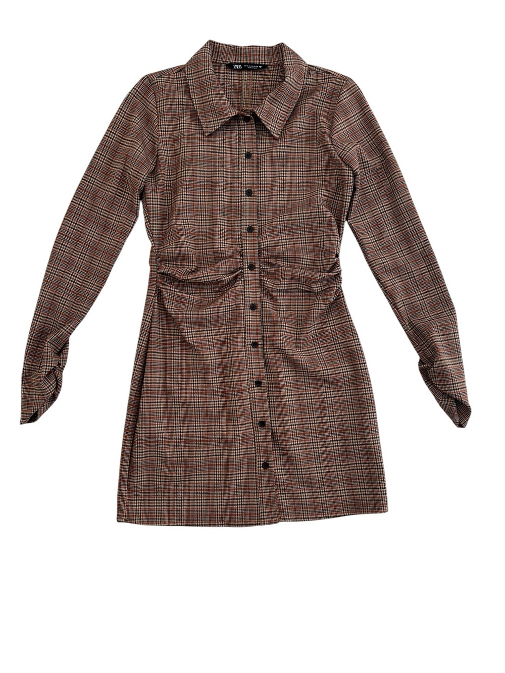 Zara Brown Plaid Long-Sleeve Button-Front Dress